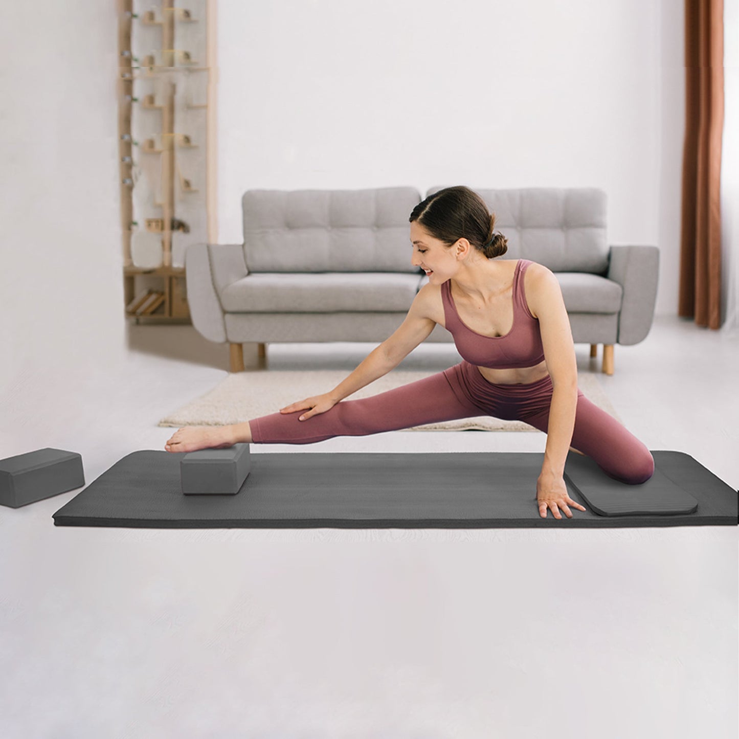 BalanceFrom Fitness 71"x24" Anti Tear Yoga Mat w/Strap, Knee Pad & Blocks, Gray