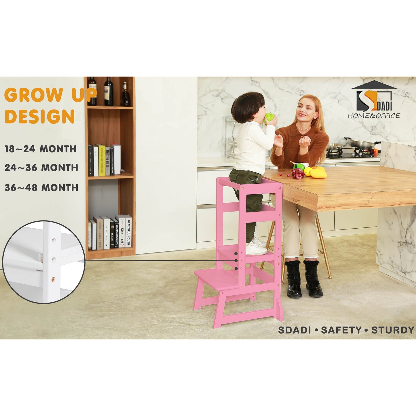 SDADI LT05E Mother's Helper Adjustable Height Kids Kitchen Step Stool, Pink