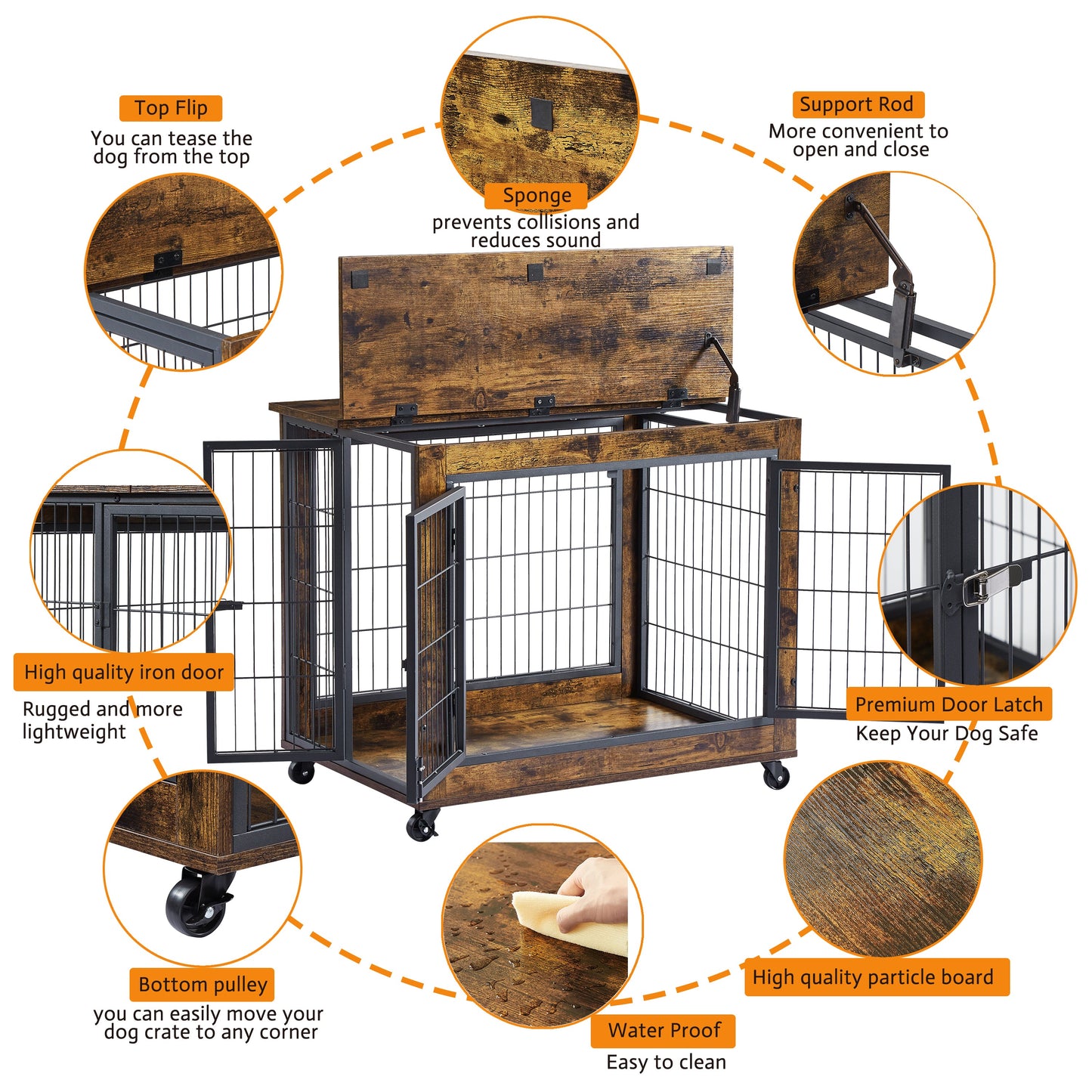 Furniture Style Dog Crate Side Table on Wheels with Double Doors and Lift Top. Grey, 31.50" W x 22.05" D x 25" H.