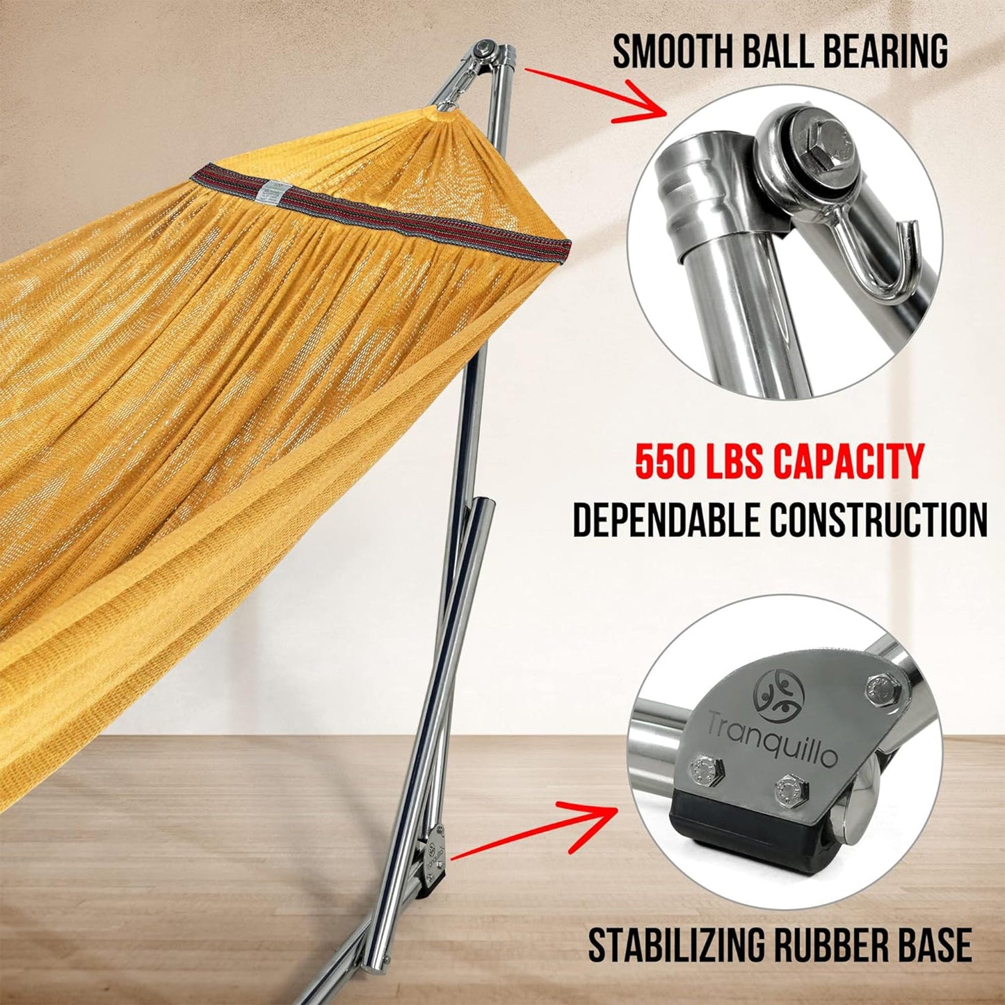 Tranquillo Universal 106" Double Hammock with Adjustable Stand and Bag, Yellow