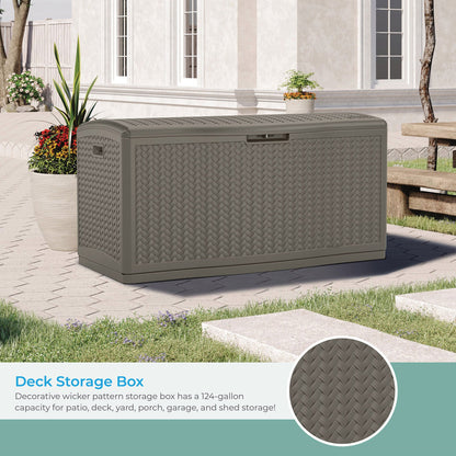 Suncast 124 Gallon All-Weather Outdoor Herringbone Storage Deck Box, Stoney