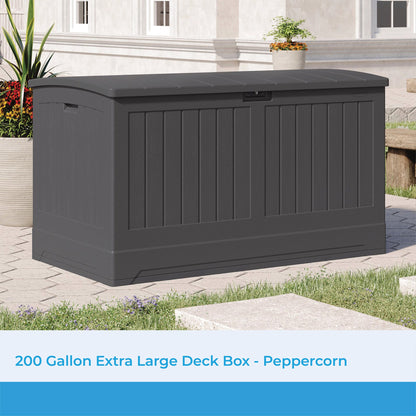 Suncast Decorative Lockable Large 200 Gallon Plastic Deck Storage Box, Gray