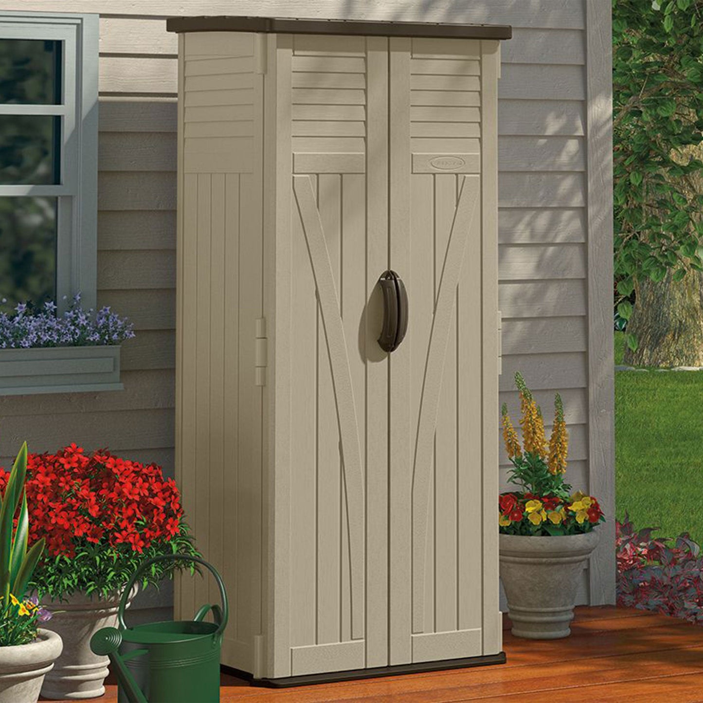 Suncast 22 Cubic Feet All-Weather Vertical Tall Outdoor Storage Shed, Brown