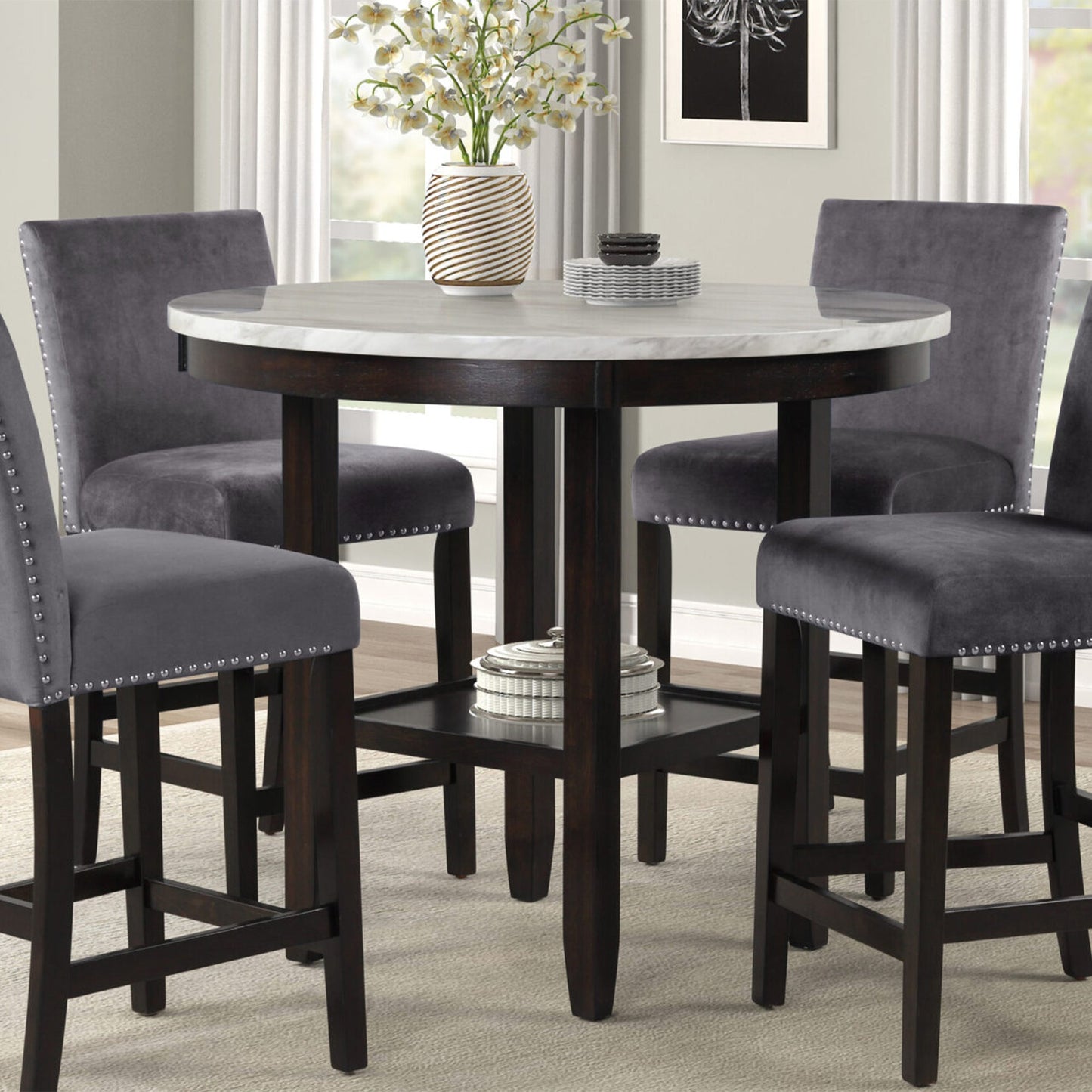 New Classic Furniture Celeste 42" Faux Marble Round Table, & 4 Chair Set, Gray
