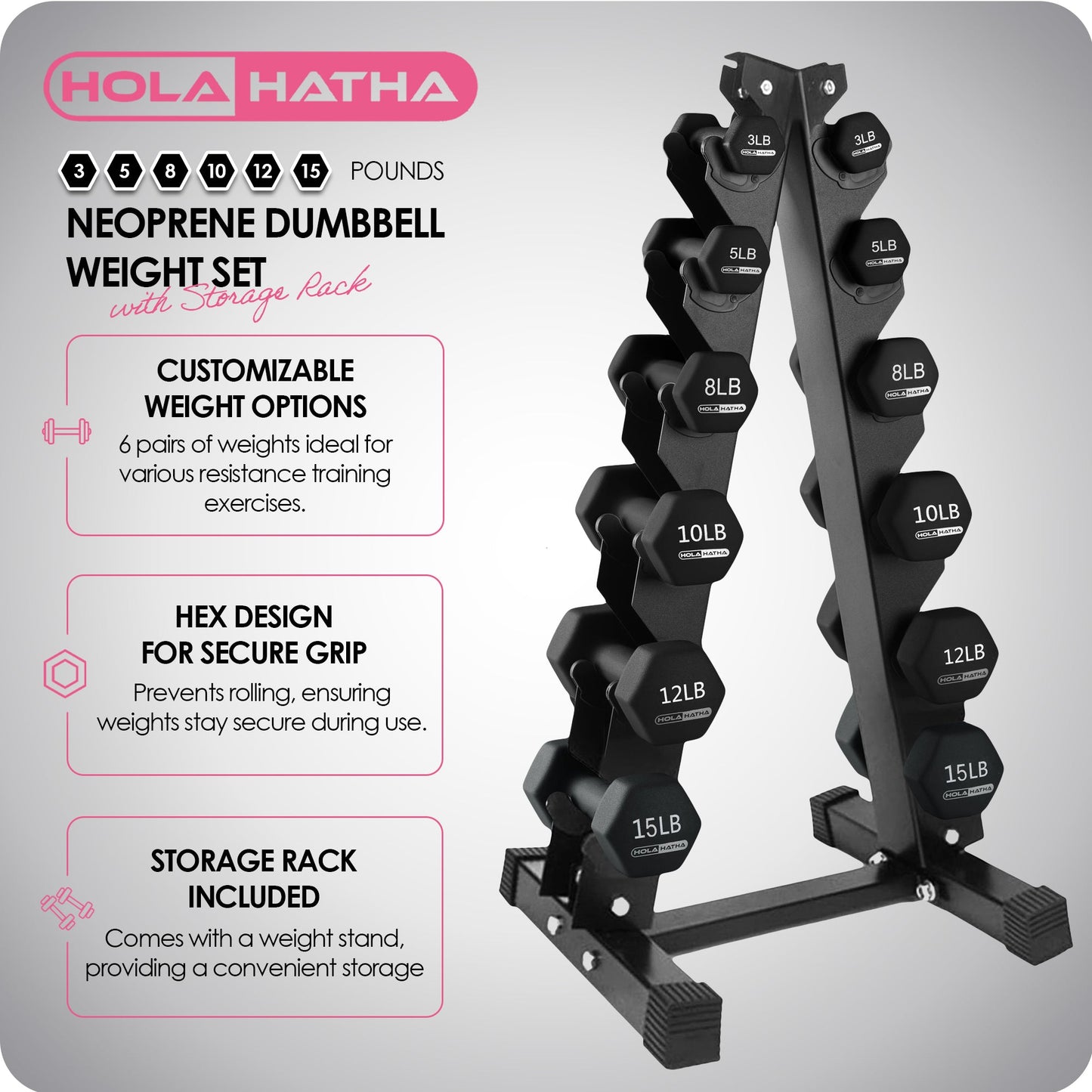 HolaHatha 3, 5, 8, 10, 12 & 15 Pound Neoprene Dumbbell Weight Set w/Storage Rack