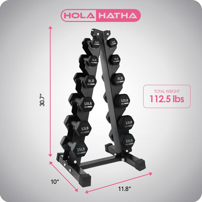 HolaHatha 3, 5, 8, 10, 12 & 15 Pound Neoprene Dumbbell Weight Set w/Storage Rack