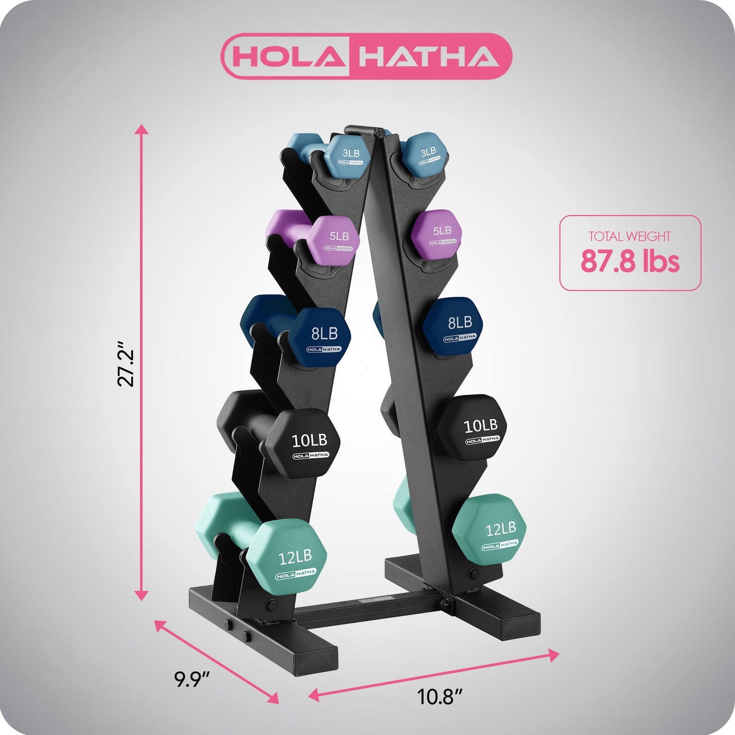 HolaHatha 3, 5, 8, 10 & 12 Pound Neoprene Dumbbell Weight Set with Storage Rack