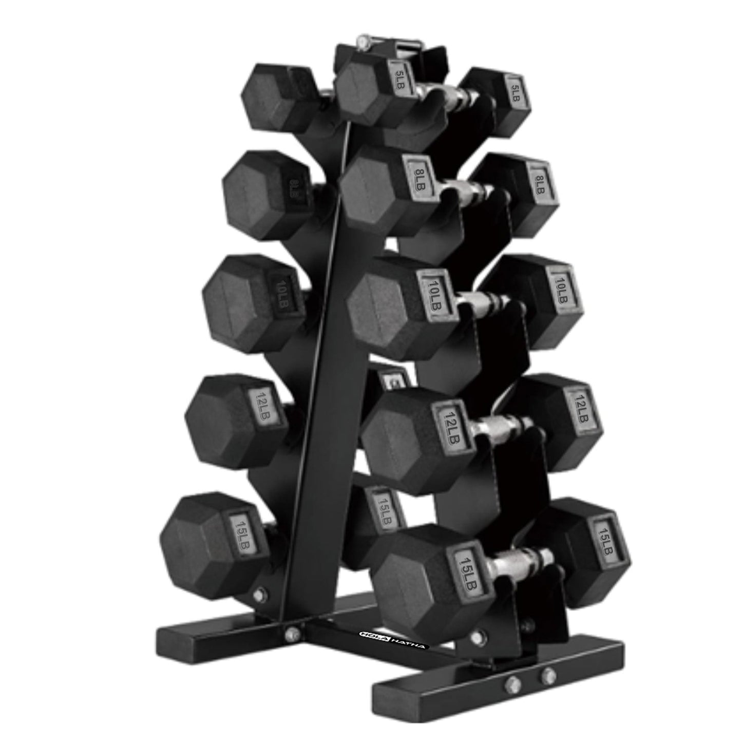 HolaHatha 5, 8, 10, 12 & 15 lb Hexagonal Dumbbell Weight Set with Rack, Black