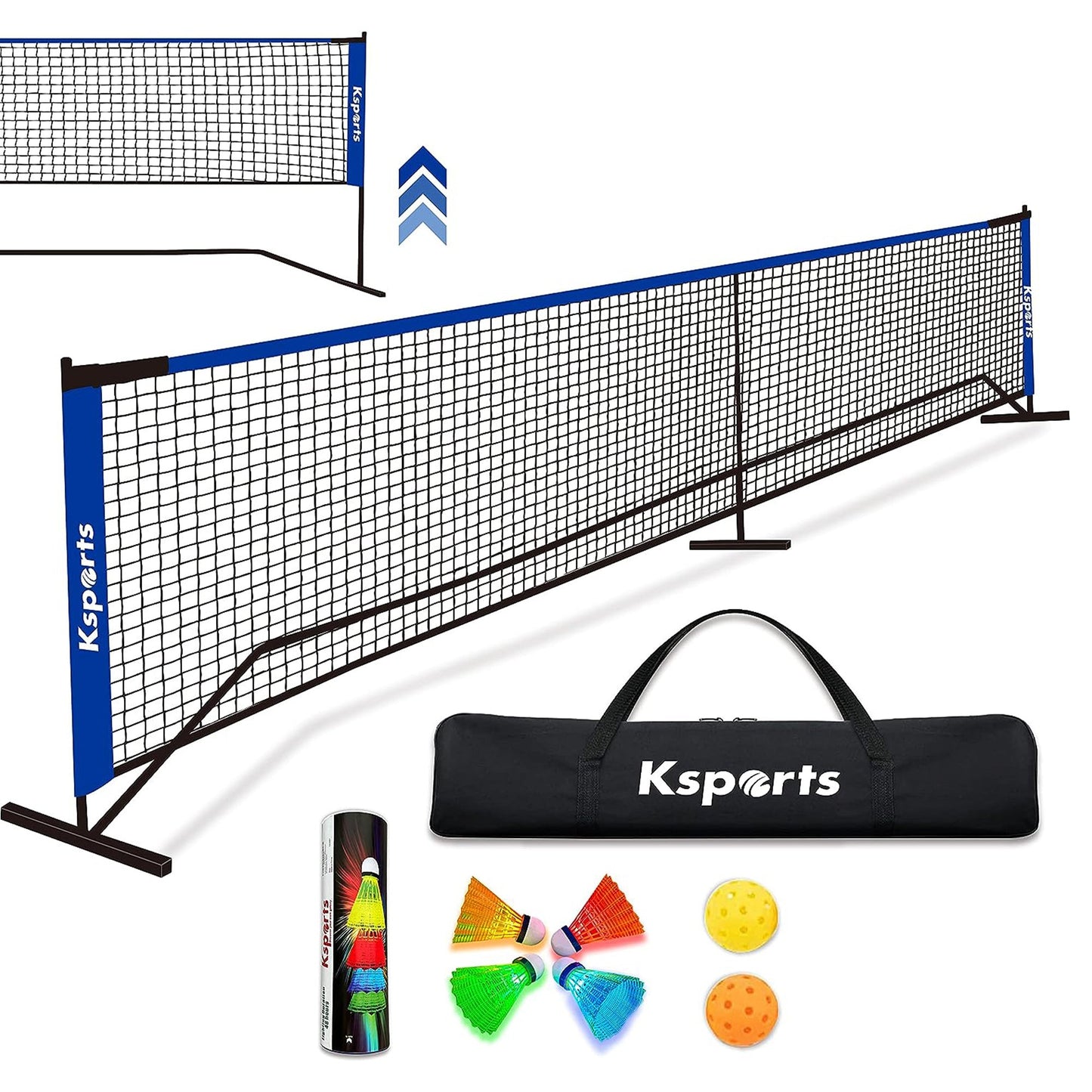 Ksports Pickleball Set w/22' Net, LED Shuttlecocks, Carry Bag & Game Balls, Blue