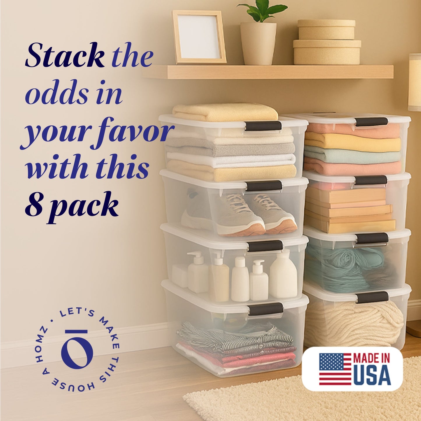 Homz 64 Qt Multipurpose Stackable Storage Bin with Latching Lids, Clear (8 Pack)