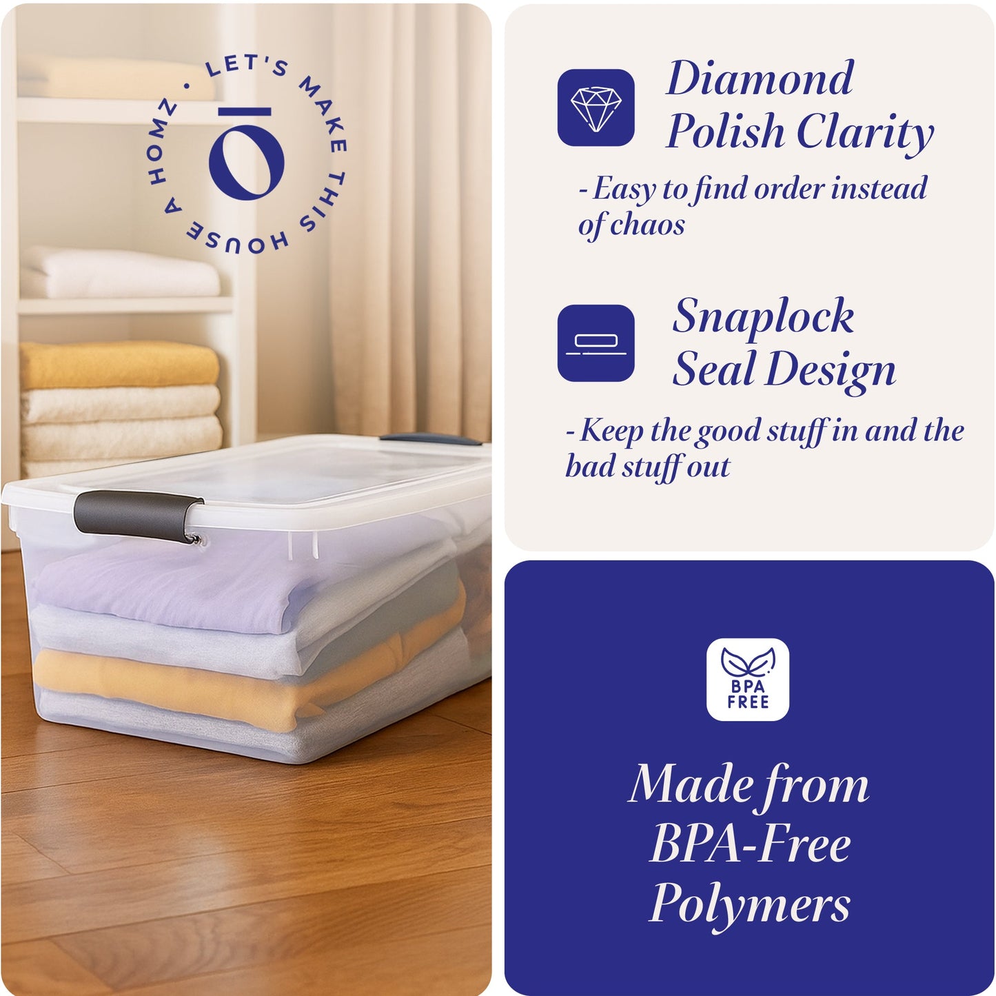 Homz 64 Qt Multipurpose Stackable Storage Bin with Latching Lids, Clear (8 Pack)