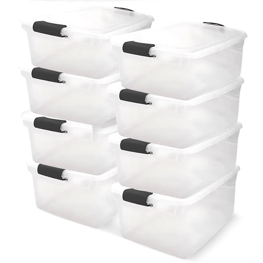 Homz 64 Qt Multipurpose Stackable Storage Bin with Latching Lids, Clear (8 Pack)