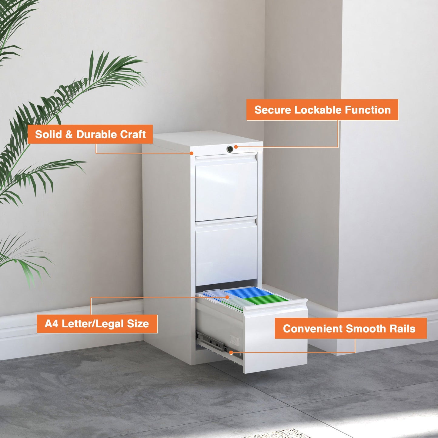 AOBABO 3 Drawer Vertical Metal File Cabinet with Lock for Home and Office, White