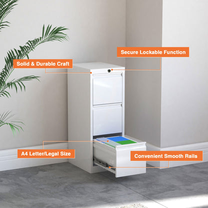 AOBABO 3 Drawer Vertical Metal File Cabinet with Lock for Home and Office, White