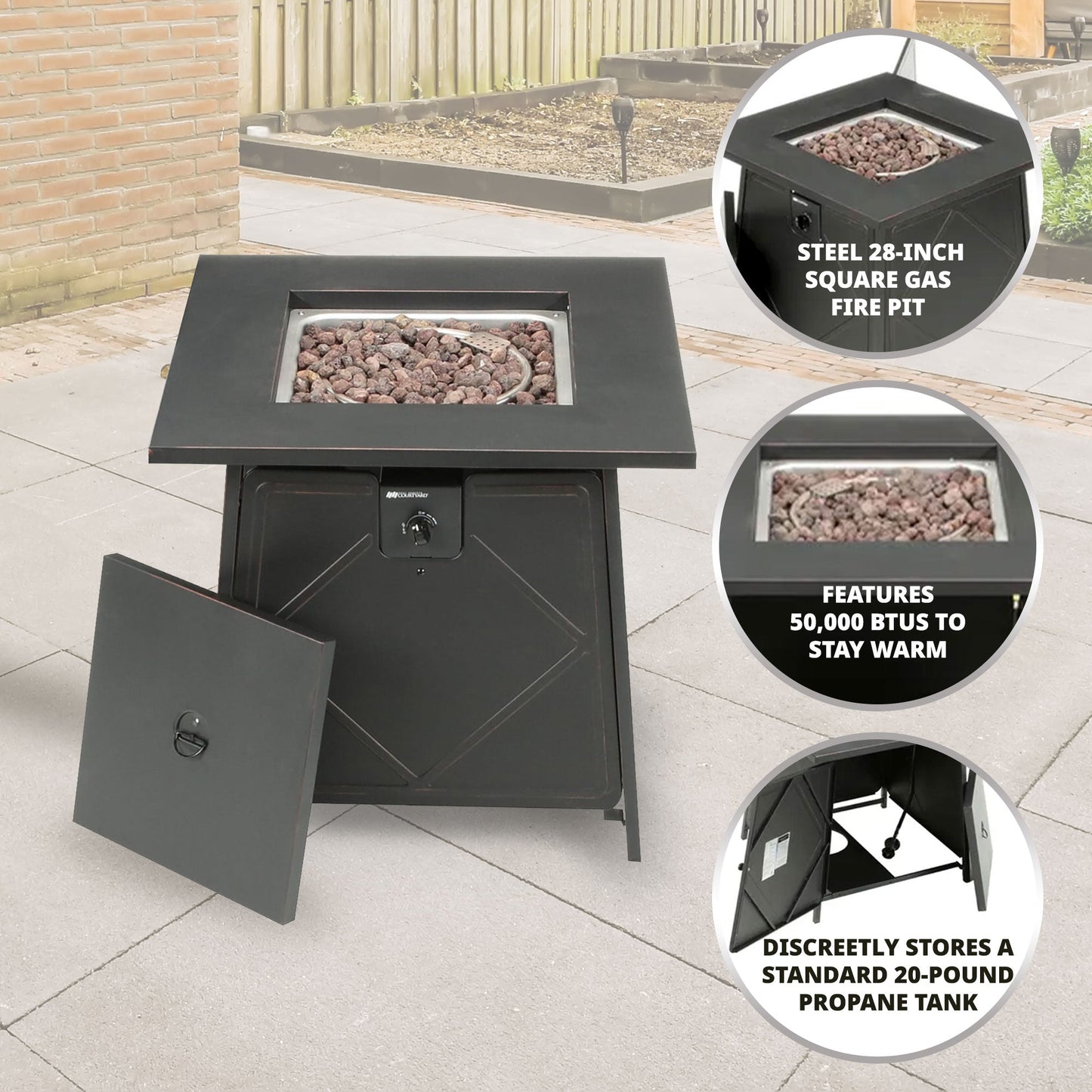 Four Seasons Courtyard Dual Heat 50,000 BTU Square Gas Tabletop Outdoor Fire Pit