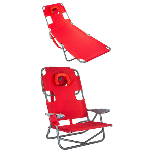 Ostrich Chaise Folding Beach Lounger & On Your Back Reclining Lawn Chair, Red