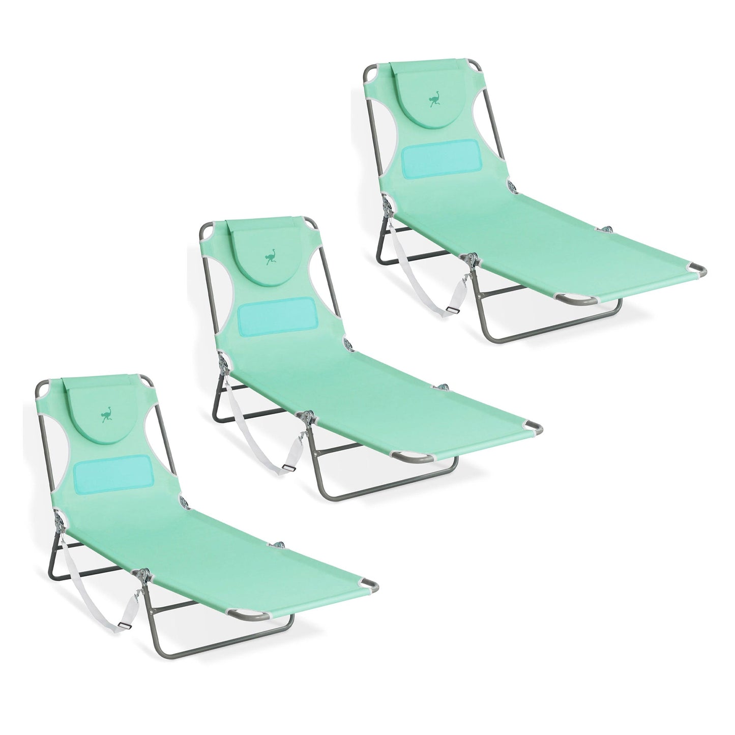 Ostrich Chaise Lounge Folding Sunbathing Poolside Beach Chair, Teal (3 Pack)