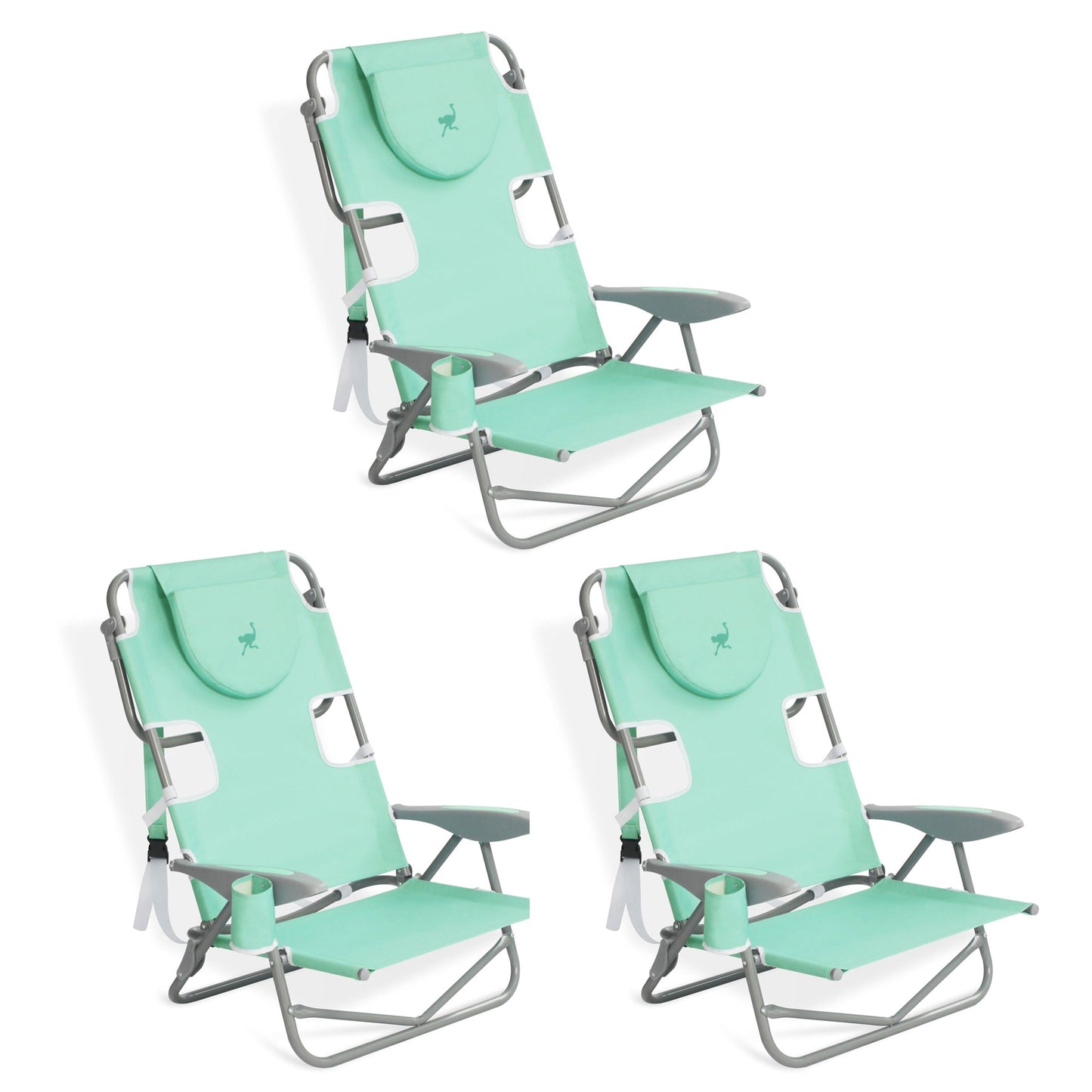 Ostrich On-Your-Back Outdoor Reclining Beach Lounge Pool Chair, Teal, 3 Pack