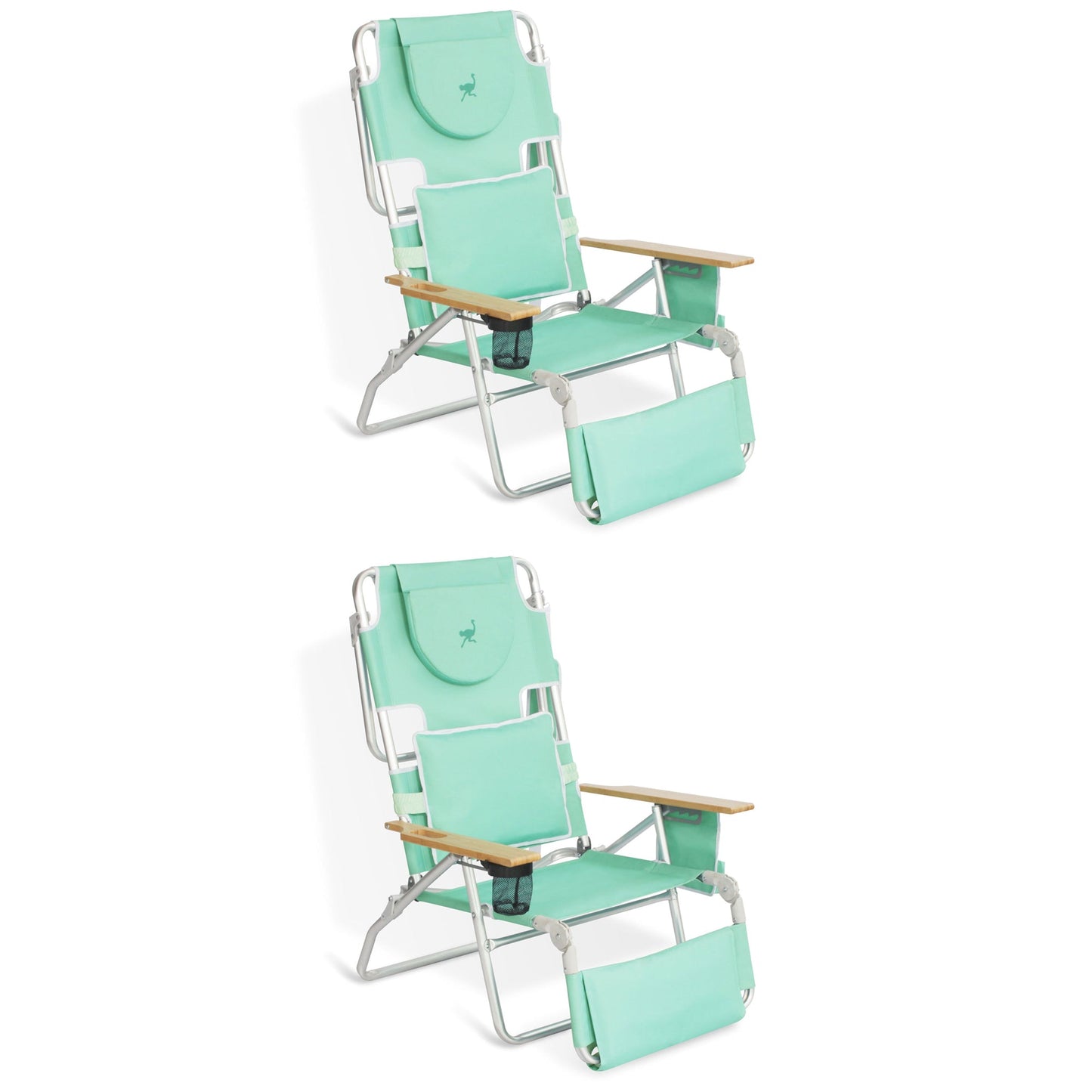 Ostrich Deluxe Padded 3-N-1 Outdoor Folding Reclining Beach Chair, Teal (2 Pack)
