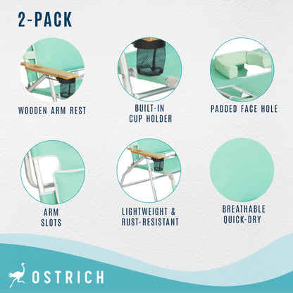 Ostrich Deluxe Padded 3-N-1 Outdoor Folding Reclining Beach Chair, Teal (3 Pack)