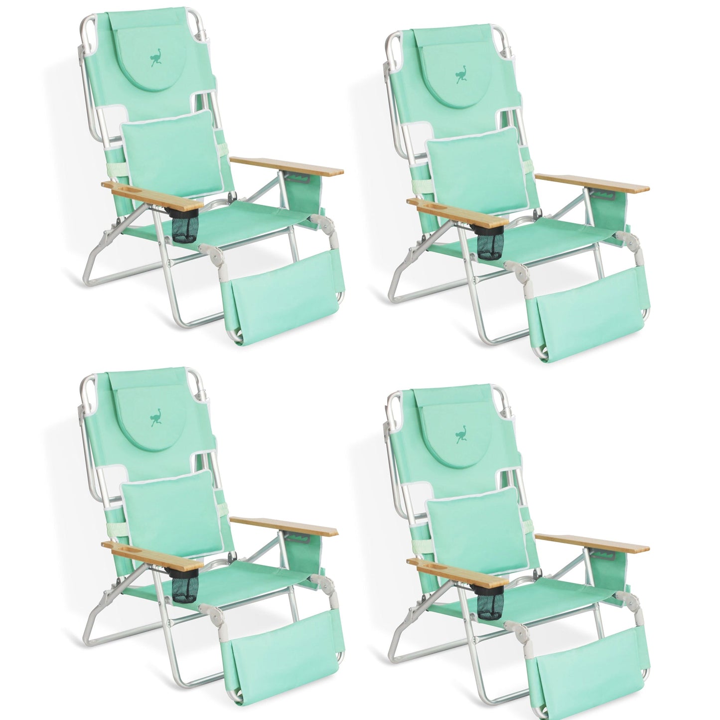 Ostrich Deluxe Padded 3-N-1 Outdoor Folding Reclining Beach Chair, Teal (4 Pack)
