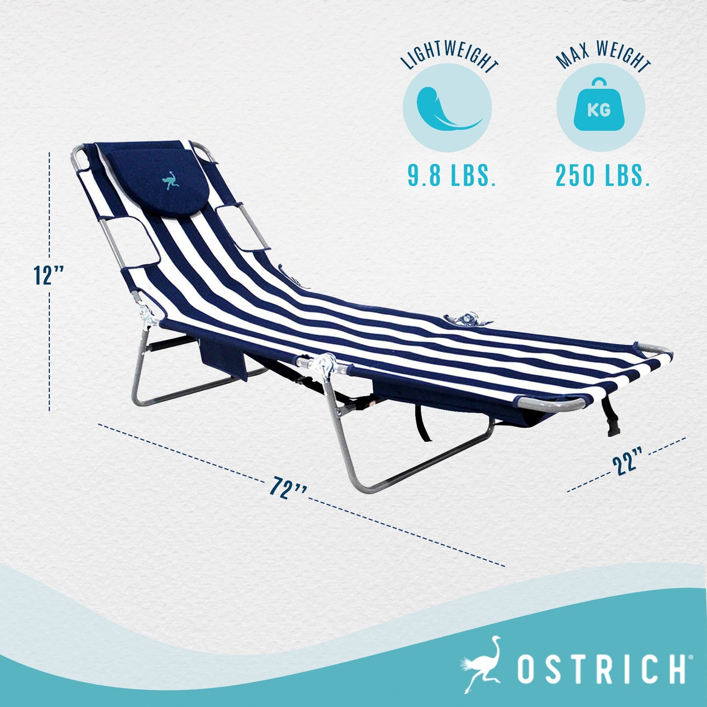 Ostrich Backpack Chaise Folding Lounge Chair w/Storage Bag, Navy Stripe (3 Pack)