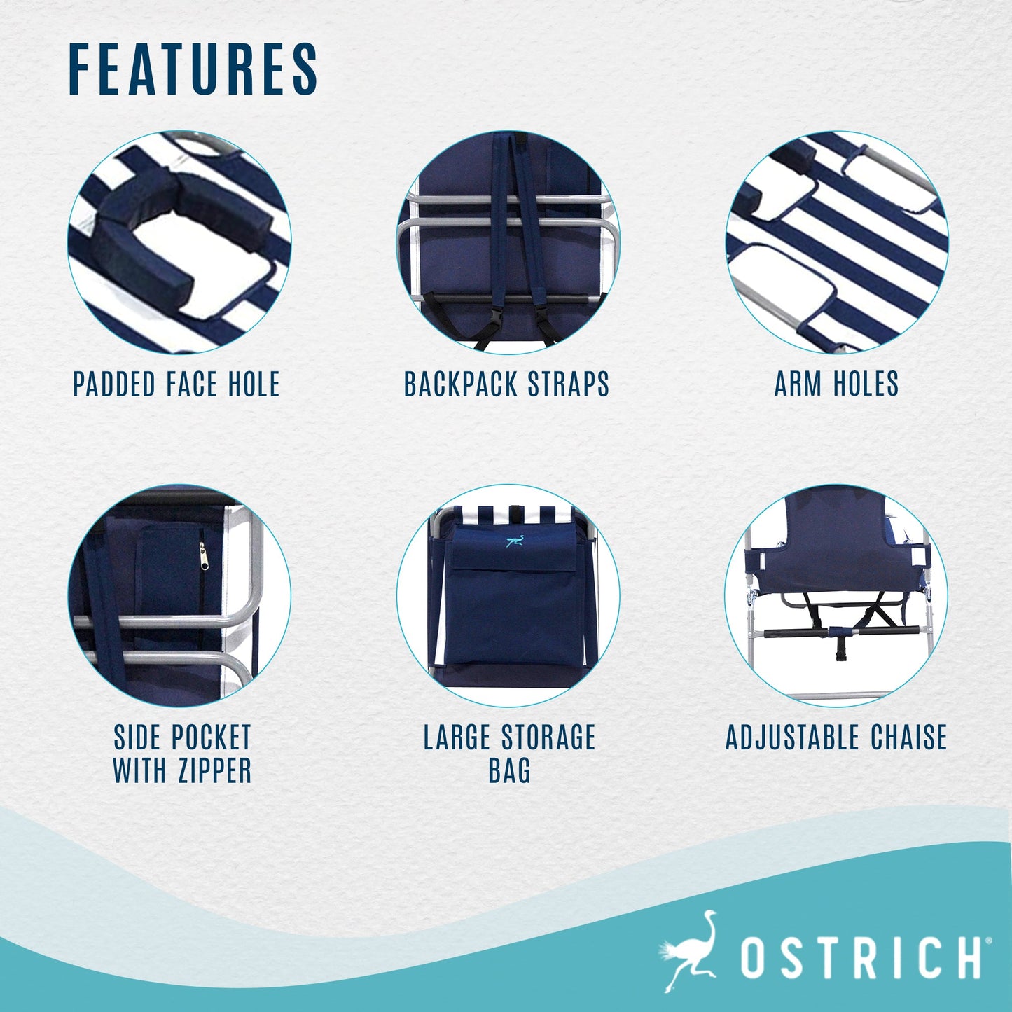 Ostrich Backpack Chaise Folding Lounge Chair w/Storage Bag, Navy Stripe (3 Pack)