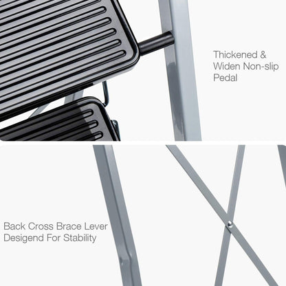 Delxo Non-Slip 3 Step Stool Folding Steel Wide Step Ladder with Hand Grip, Gray