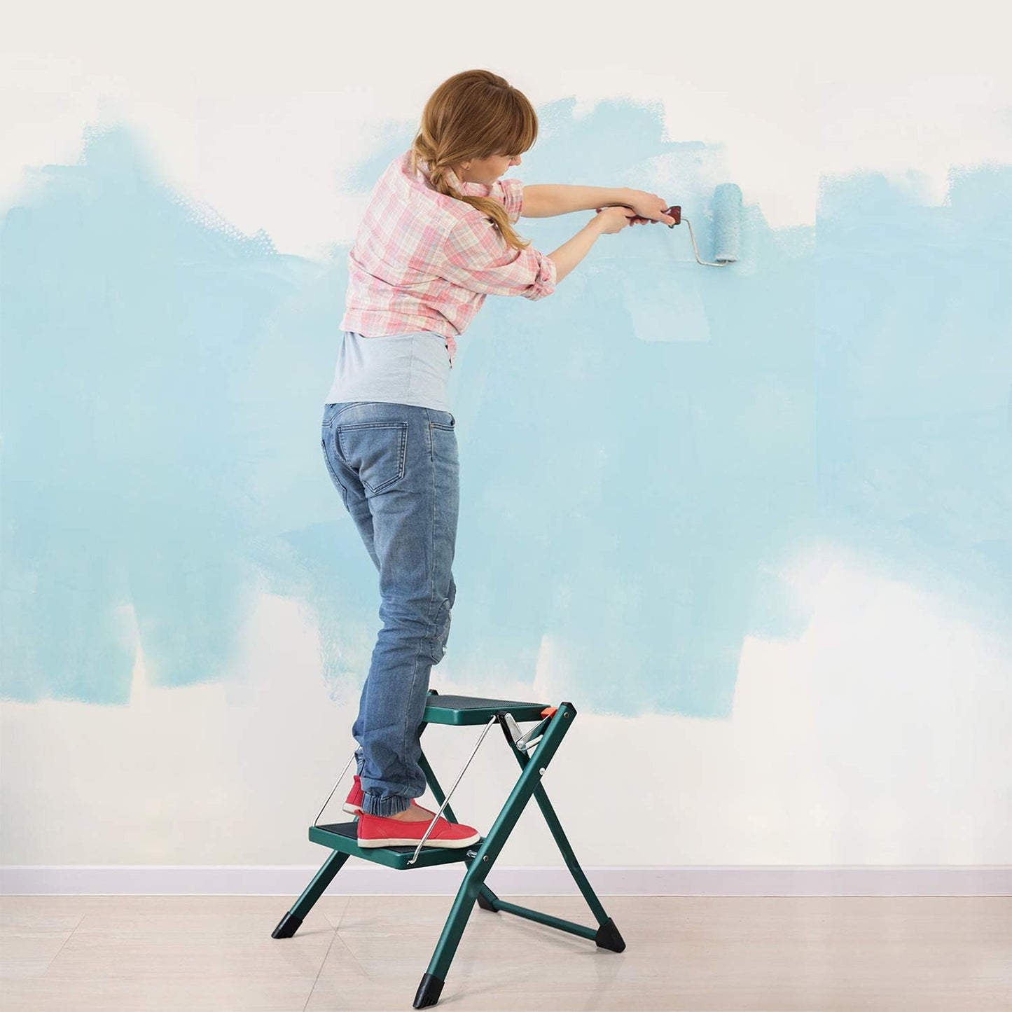 Delxo Foldable Steel 2 Step Stool Step Ladder with Non Slip Wide Pedal, Green