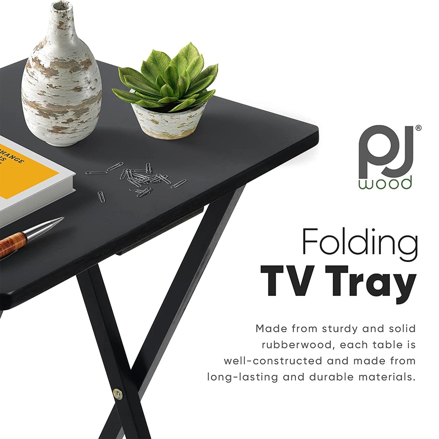 PJ Wood Folding Portable TV Snack Tray Table w/Compact Storage Rack, (Set of 7)