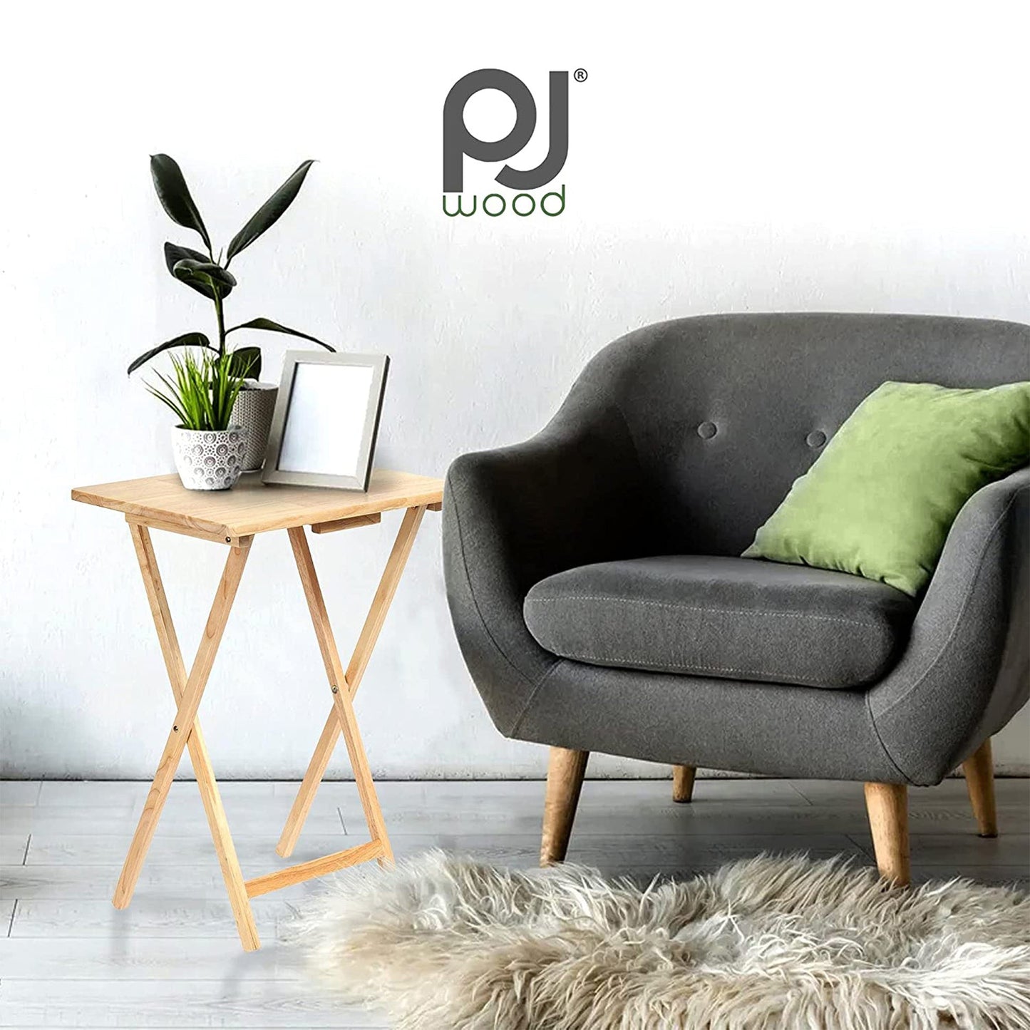 PJ Wood Folding Portable TV Snack Tray Table w/Compact Storage Rack, (Set of 7)