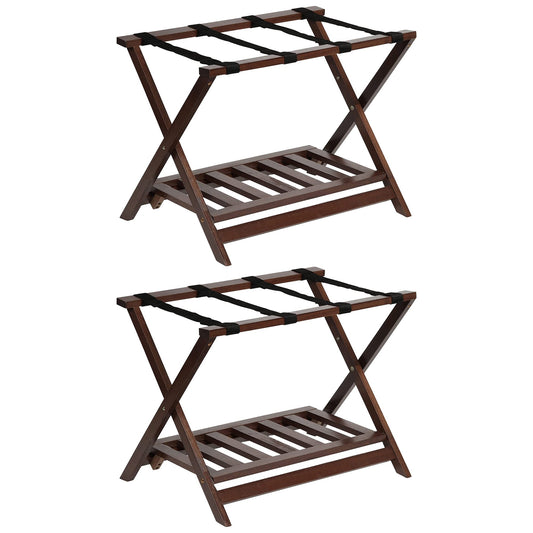 PJ Wood Hotel Style Home Folding Suitcase Luggage Rack w/Shelf, Walnut (2 Pack)