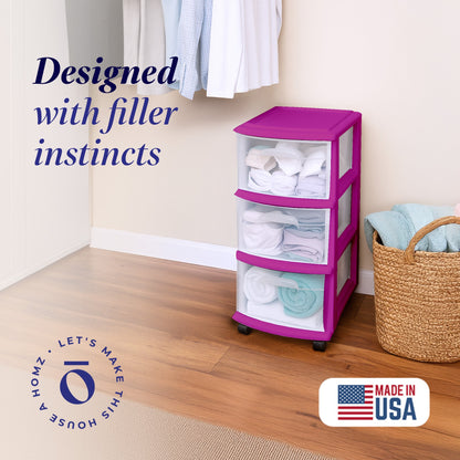 Homz Plastic 3 Drawer Medium Storage Container Tower, Clear Drawers/Purple Frame