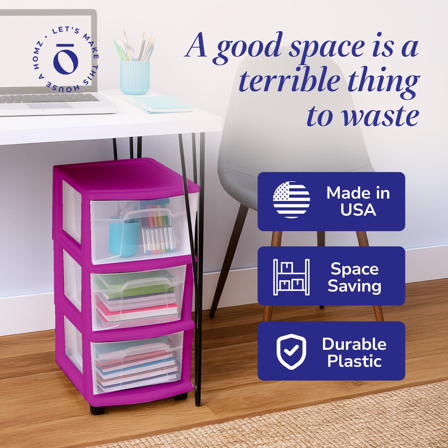 Homz Plastic 3 Drawer Medium Storage Container Tower, Clear Drawers/Purple Frame