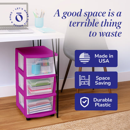 Homz Plastic 3 Drawer Medium Storage Container Tower, Clear Drawers/Purple Frame