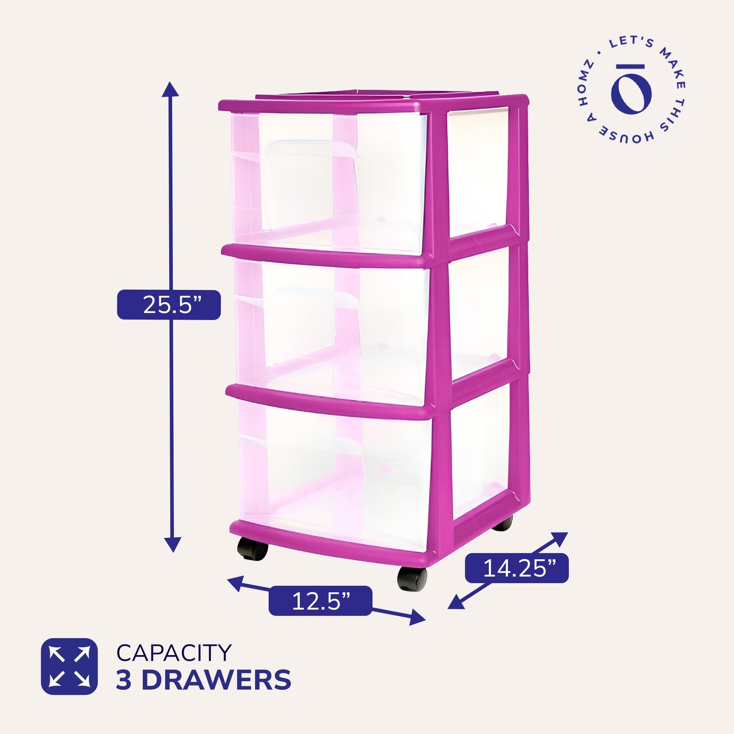 Homz Plastic 3 Drawer Medium Storage Container Tower, Clear Drawers/Purple Frame