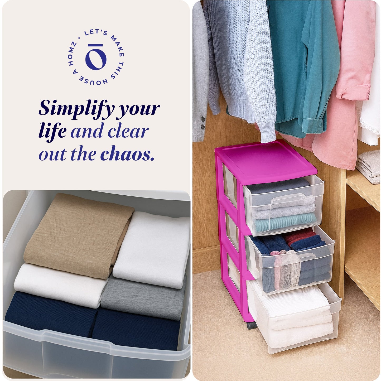 Homz Plastic 3 Drawer Medium Storage Container Tower, Clear Drawers/Purple Frame