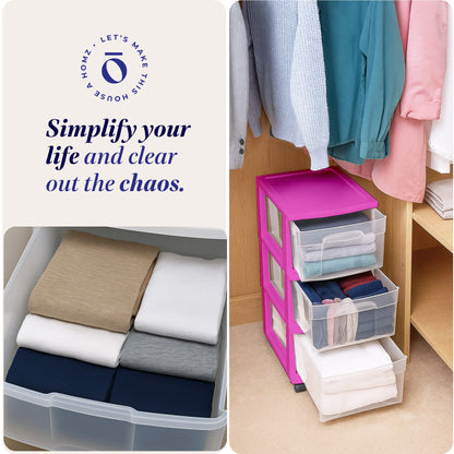 Homz Plastic 3 Drawer Medium Storage Container Tower, Clear Drawers/Purple Frame