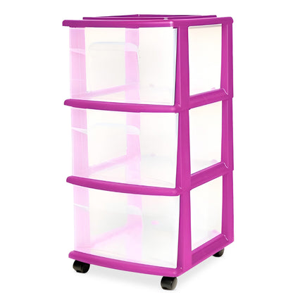 Homz Plastic 3 Drawer Medium Storage Container Tower, Clear Drawers/Purple Frame