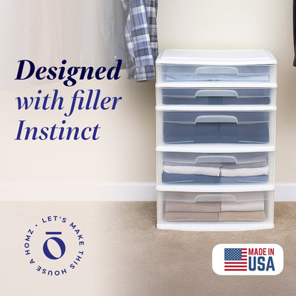 Homz Plastic 5 Drawer Storage Container Tower with Clear Drawers/White Frame