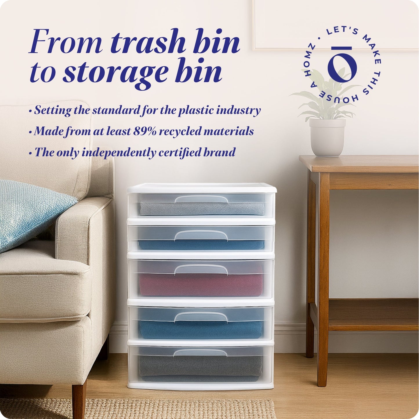 Homz Plastic 5 Drawer Storage Container Tower with Clear Drawers/White Frame