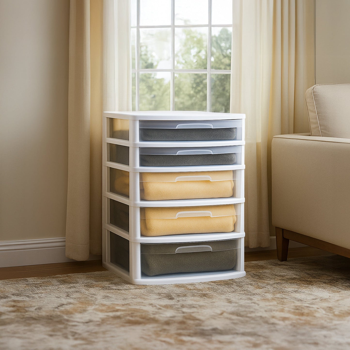 Homz Plastic 5 Drawer Storage Container Tower with Clear Drawers/White Frame