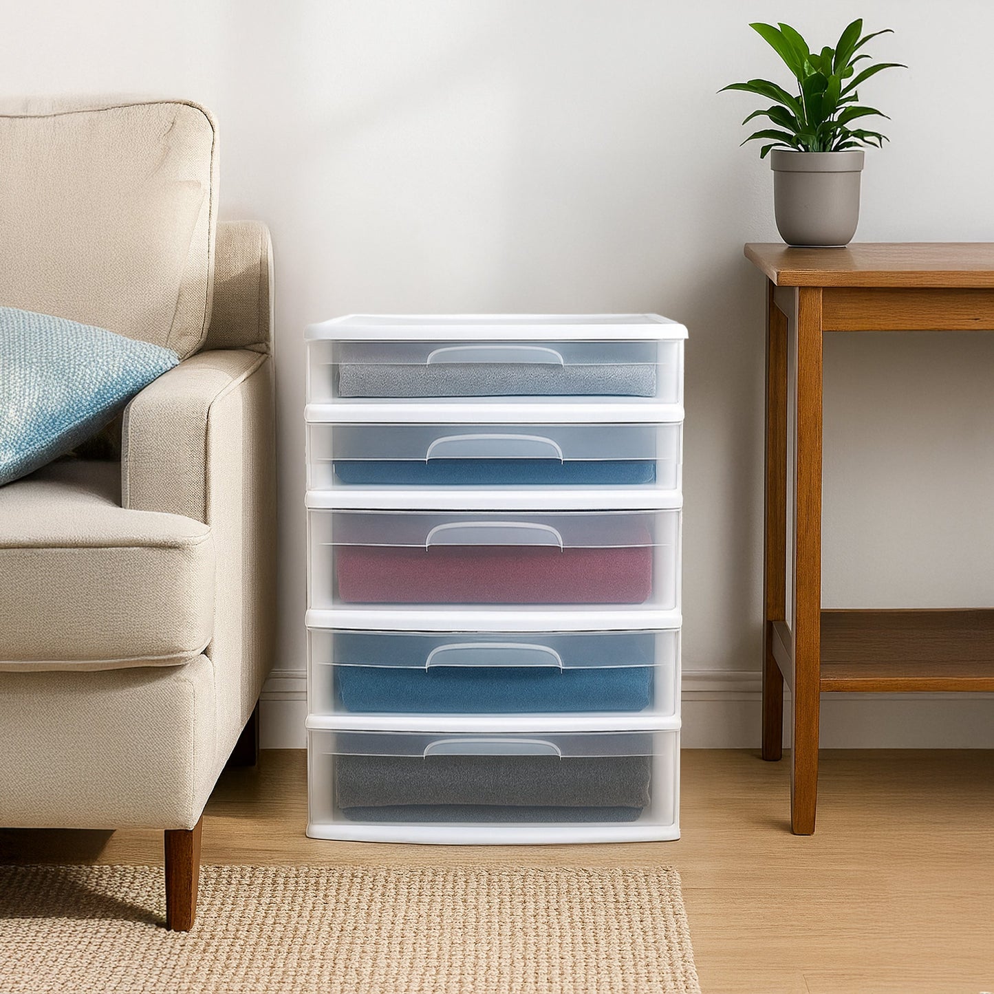 Homz Plastic 5 Drawer Storage Container Tower with Clear Drawers/White Frame