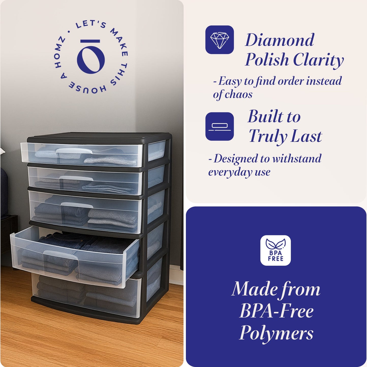 Homz Plastic 5 Drawer Storage Container Tower with Clear Drawers/Black Frame