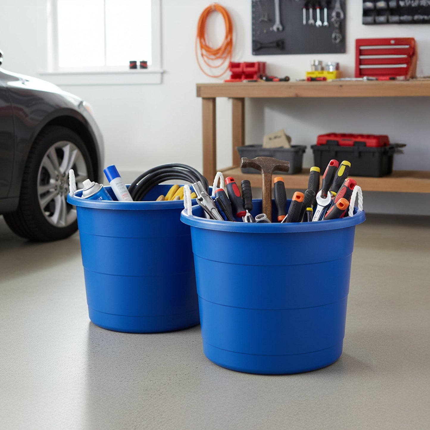 Homz 17 Gallon Indoor Outdoor Storage Bucket with Rope Handles, Blue (2 Pack)