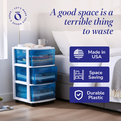 Homz Plastic 3 Drawer Medium Storage Container Tower, Blue Drawers/White Frame