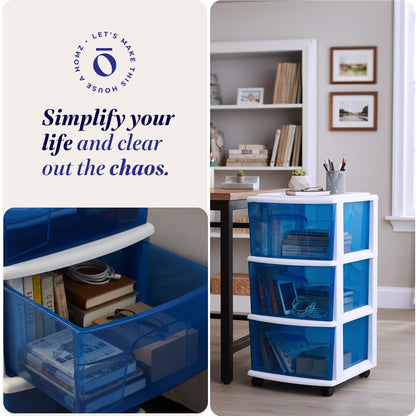 Homz Plastic 3 Drawer Medium Storage Container Tower, Blue Drawers/White Frame