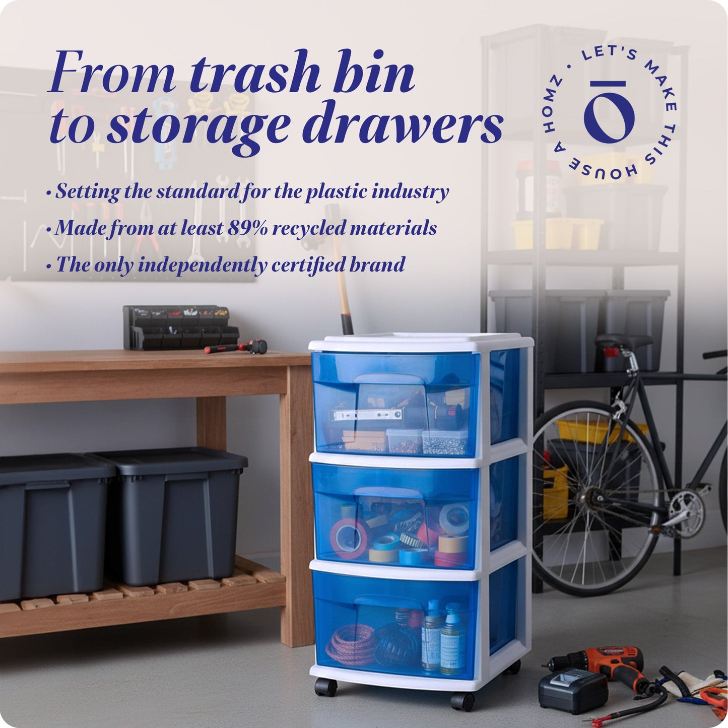 Homz Plastic 3 Drawer Medium Storage Container Tower, Blue Drawers/White Frame