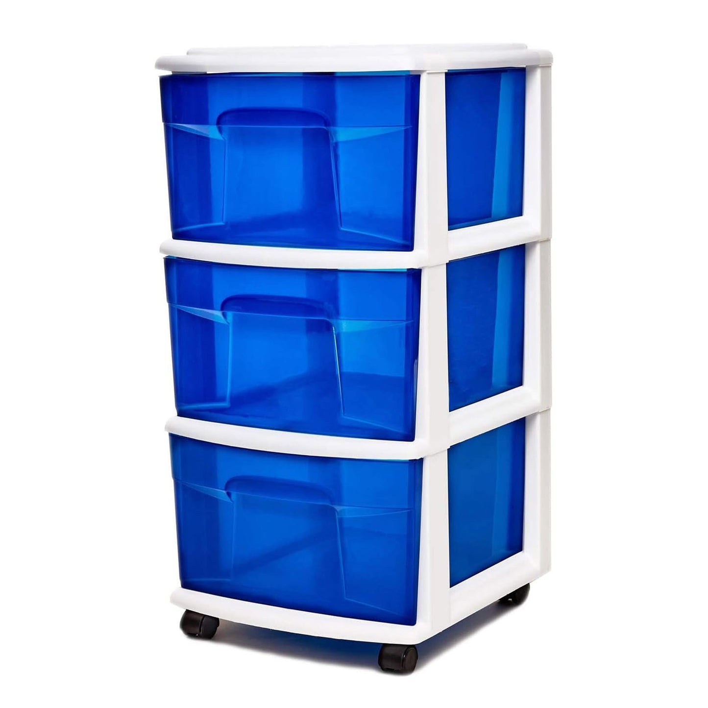 Homz Plastic 3 Drawer Medium Storage Container Tower, Blue Drawers/White Frame