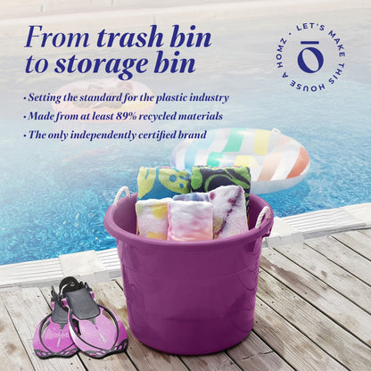 Homz 17 Gallon Indoor Outdoor Storage Bucket w/ Rope Handles, Orchid (2 Pack)
